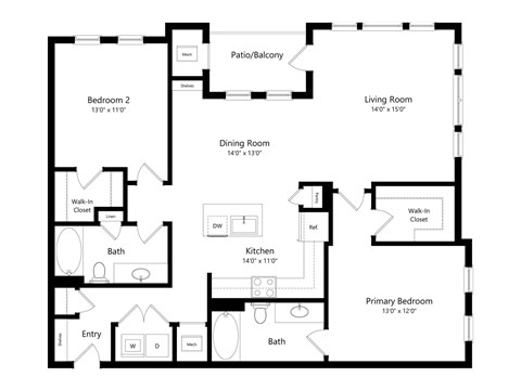 Floor plan for 2 beds, 2 baths, 1269 sqft